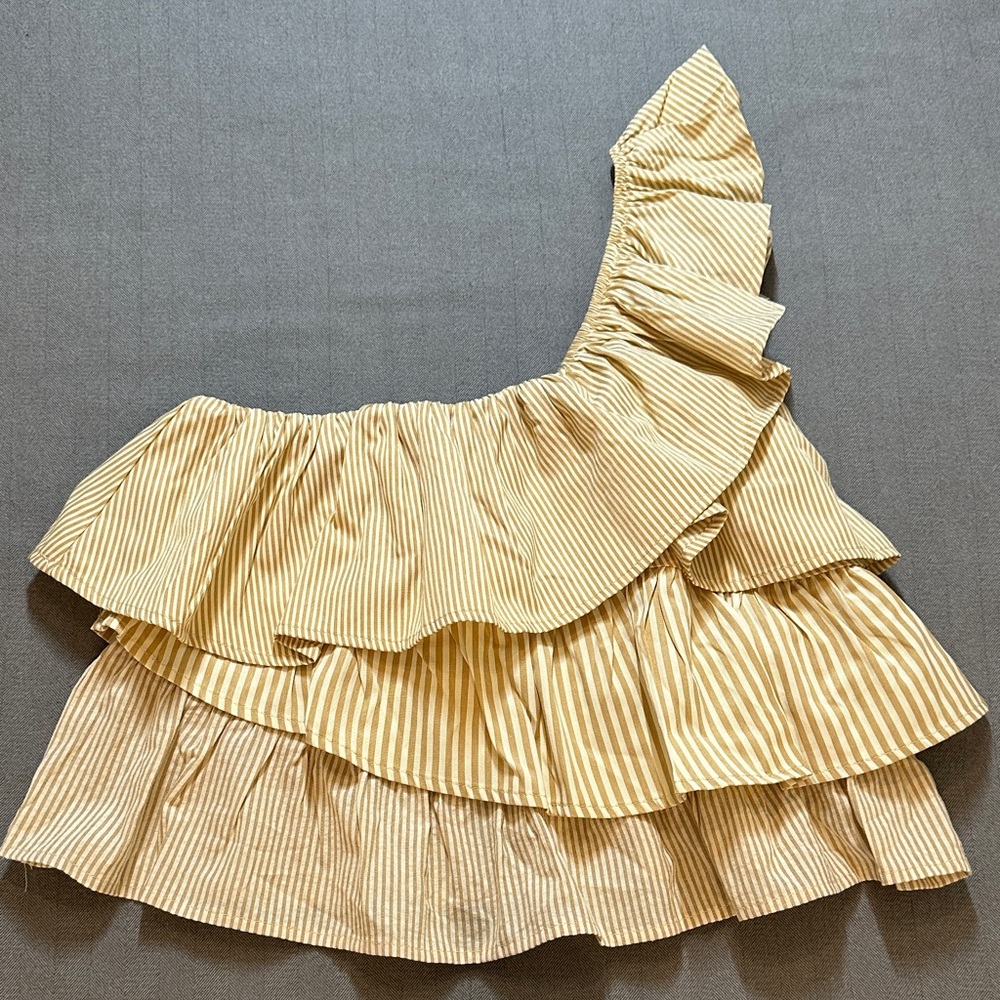 Vici Cropped Ruffled One Shoulder Top - Mustard & Ivory Stripe